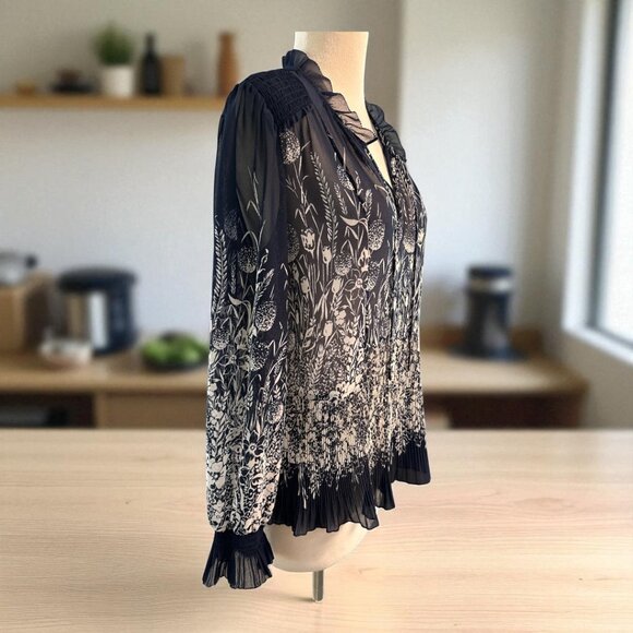 Joie Rita See-Through Floral Pleated Blouse Navy Blue Sz M Long Sleeve Top - Picture 1 of 12
